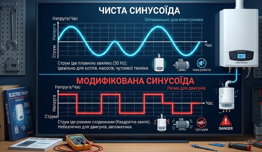Порівняння графіків напруги: чиста та модифікована синусоїда для опалювальної техніки Різниця між чистою синусоїдою та модифікованим синусом на графіку для газового котла