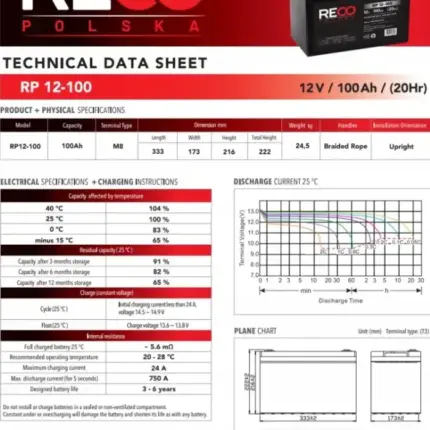 Гелевый аккумулятор RP12-100 AGM 12V 100Ah для ИБП и резервного питания - 2