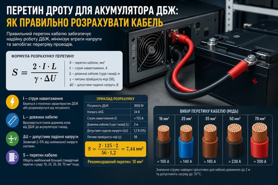 カカベル для підключення акумулятора до інвертора illustration for Перетин дроту для акумулятора ДБЖ: як правильно розрахувати ка