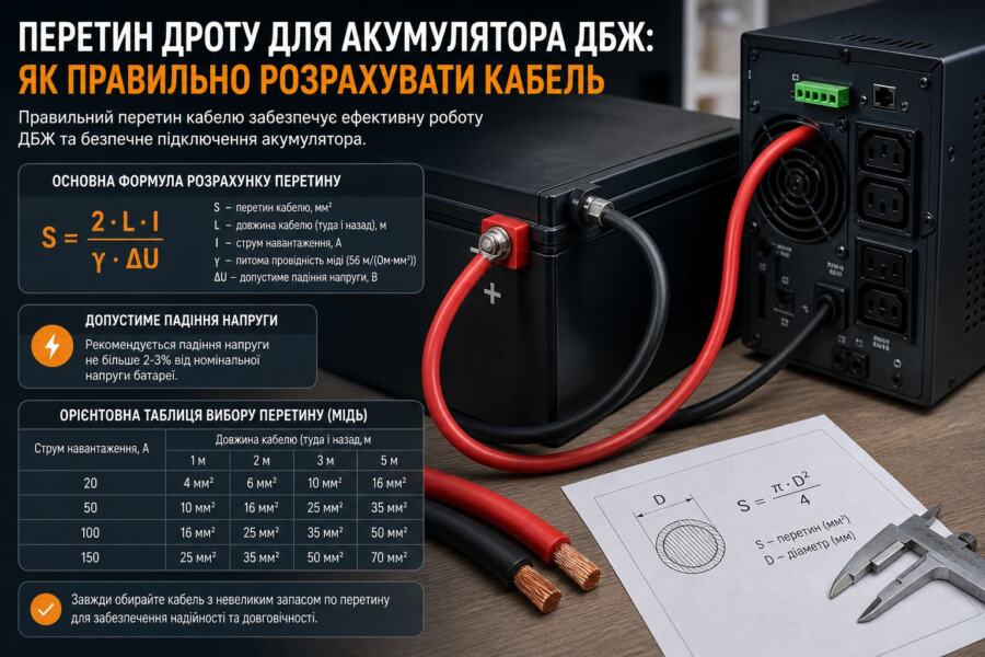 カカベル для підключення акумулятора до інвертора illustration for Перетин дроту для акумулятора ДБЖ: як правильно розрахувати ка