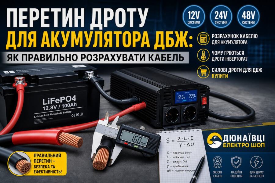 カカベル для підключення акумулятора до інвертора illustration for Перетин дроту для акумулятора ДБЖ: як правильно розрахувати ка