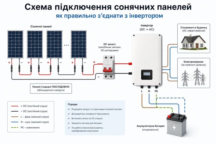 схема підключення сонячних панелей illustration for Схема підключення соня