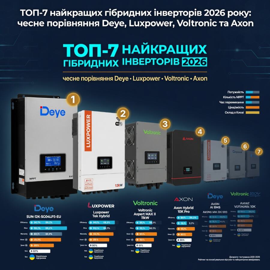 ТОП-7 найкращих гібридних інверторів 2026: чесне порівняння Deye, Luxpower, Vol