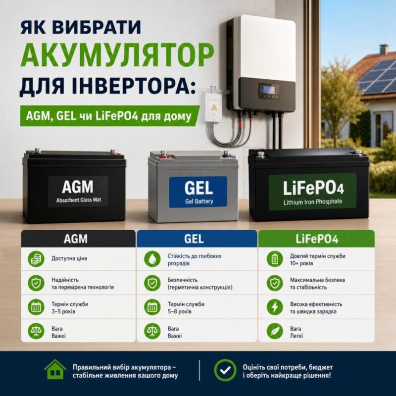 Порівняльна таблиця акумуляторів AGM, GEL і LiFePO4 для інвертора вдома