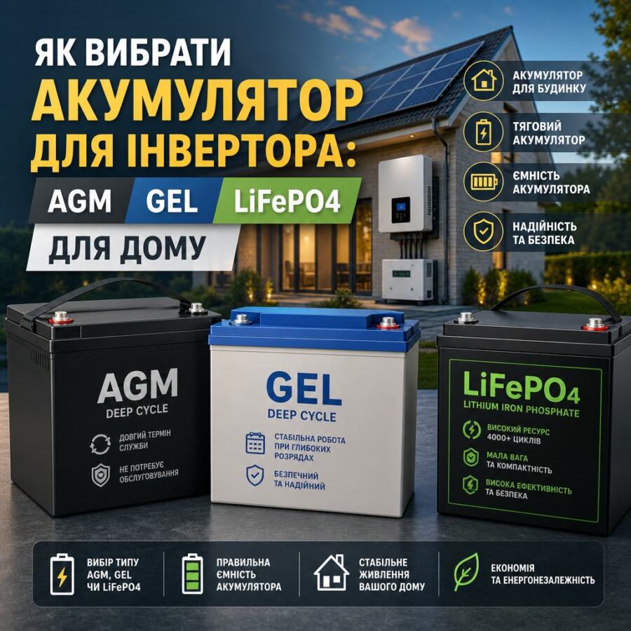 Порівняння AGM, GEL і LiFePO4 акумуляторів для інвертора в домашніх умовах