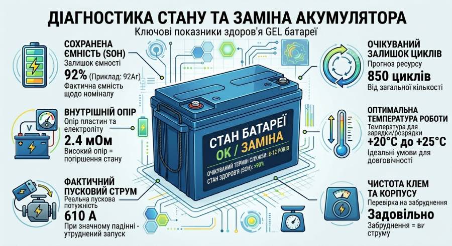 Схема діагностики стану гелевого акумулятора: показники залишкової ємності (SOH), внутрішній опір та термін служби