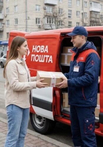 Кур'єр Нової Пошти передає замовлення клієнту біля червоного автомобіля.