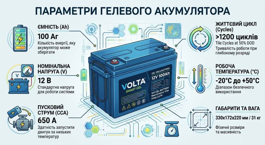 Інфографіка з технічними характеристиками гелевого акумулятора: ємність, напруга, пусковий струм, робоча температура та габарити
