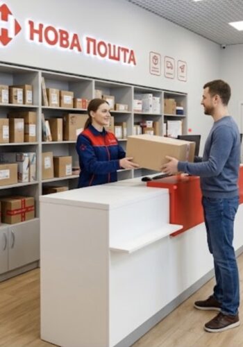 Клієнт отримує посилку на стійці видачі у відділенні Нової Пошти.