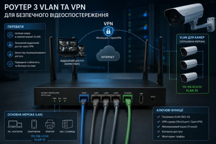 Роутер с VLAN и VPN для безопасного видеонаблюдения и защиты IP-камер в 2026 году
