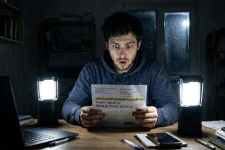 Шок та здивування хлопця в темній кімнаті з ліхтариком від нового тарифу на електроенергію 4,32 грн.