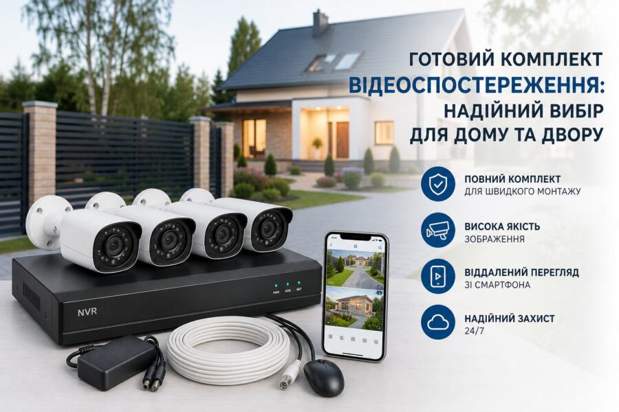 Готовий комплект відеоспостереження з NVR-реєстратором та 4 вуличними камерами для дому та двору.
