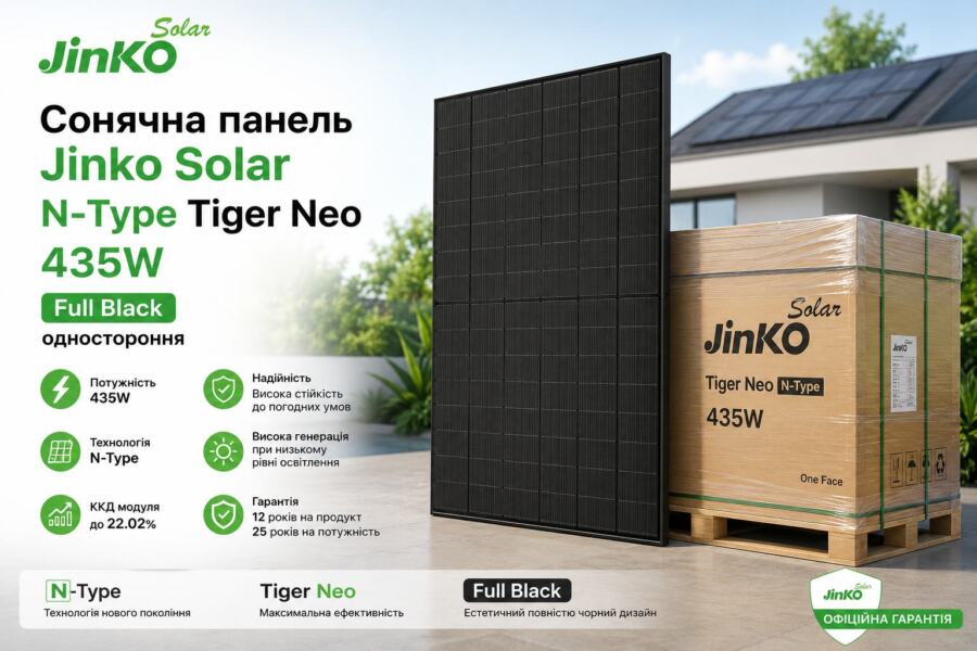 Сонячна панель Jinko Solar N-Type Tiger Neo 435W Full Black одностороння в упаковці та окремий модуль