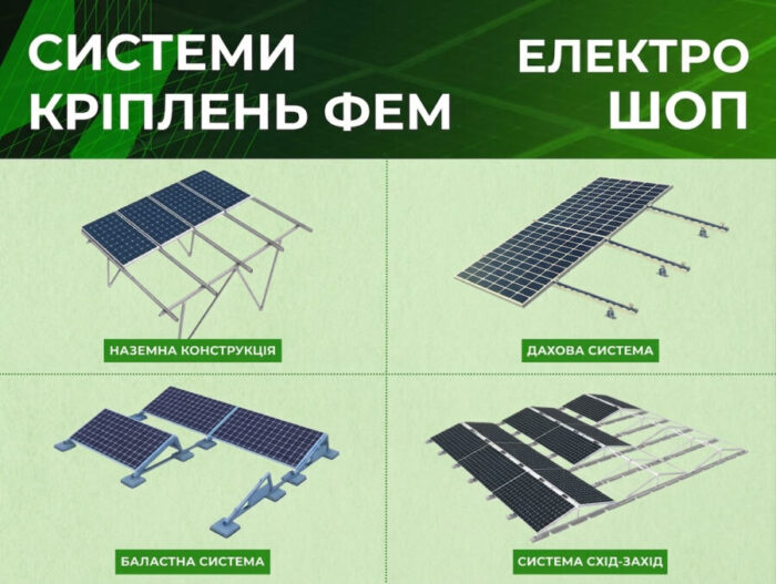 Типи систем кріплення фотоелектричних модулів: наземні, дахові, баластні та системи схід-захід від Електро Шоп