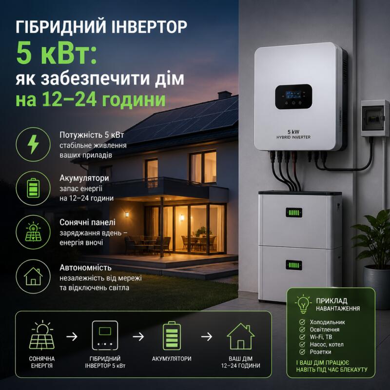 Hybrid 5 kW solar inverter and battery storage system providing 12–24 hours of home backup power.