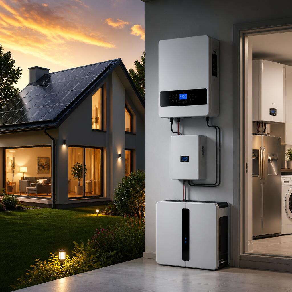 Modern solar-powered home with wall-mounted battery storage and energy management system.