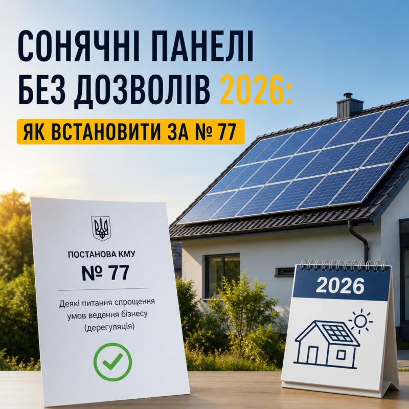 Ukrainian infographic on permit-free solar panel installation in 2026 under Resolution No. 77.