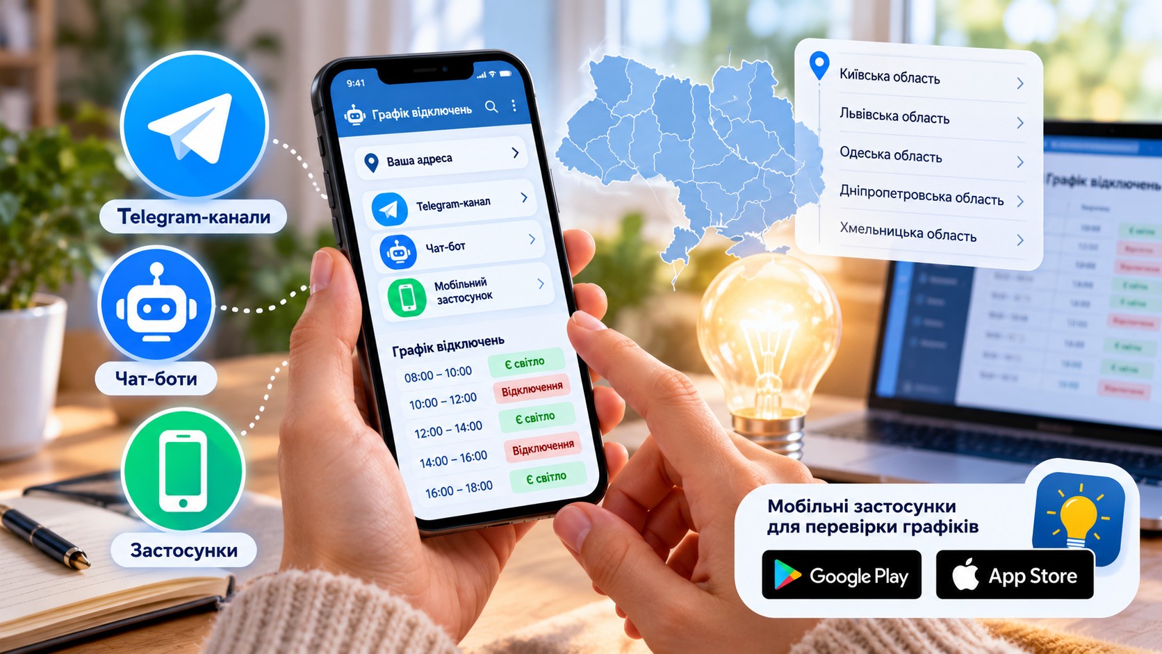 Telegram channels, chatbots and mobile applications for checking the schedule of power outages